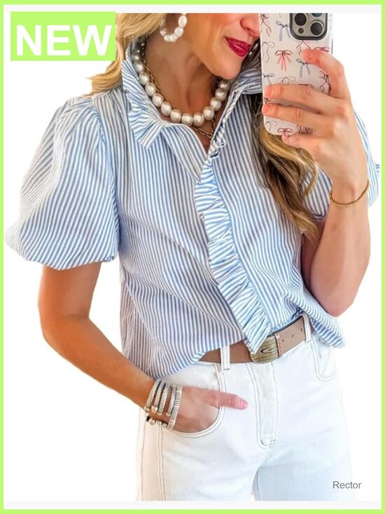 Tops - Striped Ruffle Mock Neck Button Down Blouse Long Sleeve